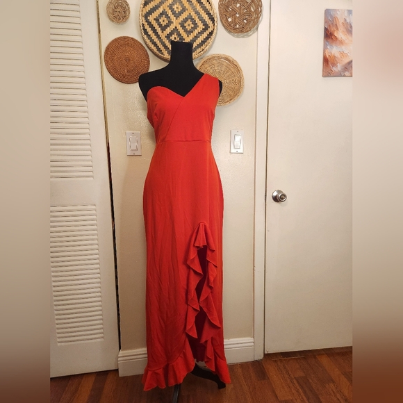 One Shoulder Red Cascading Maxi Dress With Ruffles - Picture 3 of 11